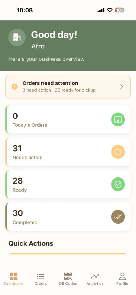 Seren Nudge business dashboard showing order overview and action items