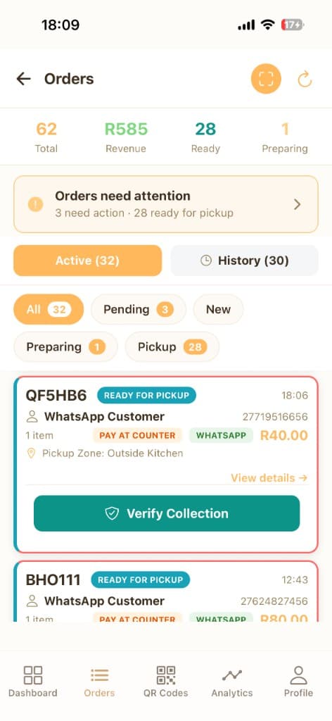 Seren Nudge business orders screen showing active orders and pickup controls