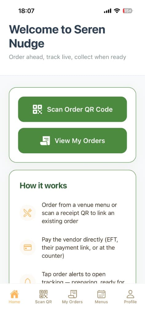 Seren Nudge customer home screen with QR scan and order options