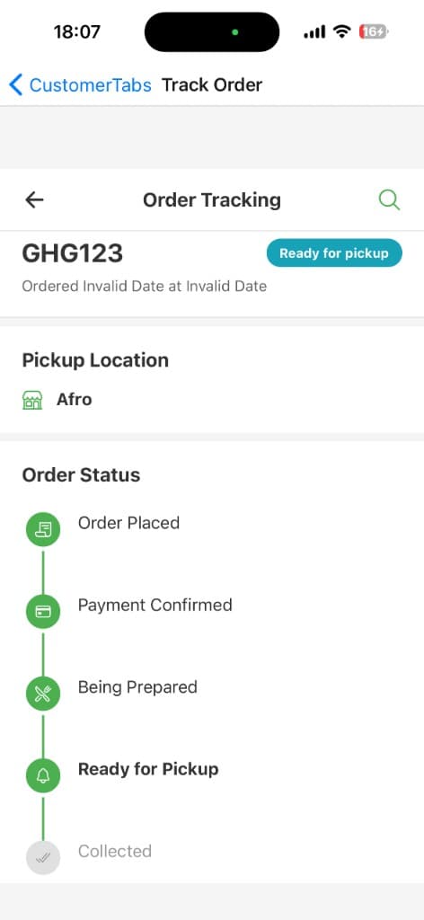 Seren Nudge customer order tracking screen showing pickup status